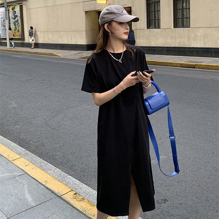 Fat MM extra large size 300 catties short-sleeved T-shirt skirt summer loose cover belly slimming slit row pleats solid color dress