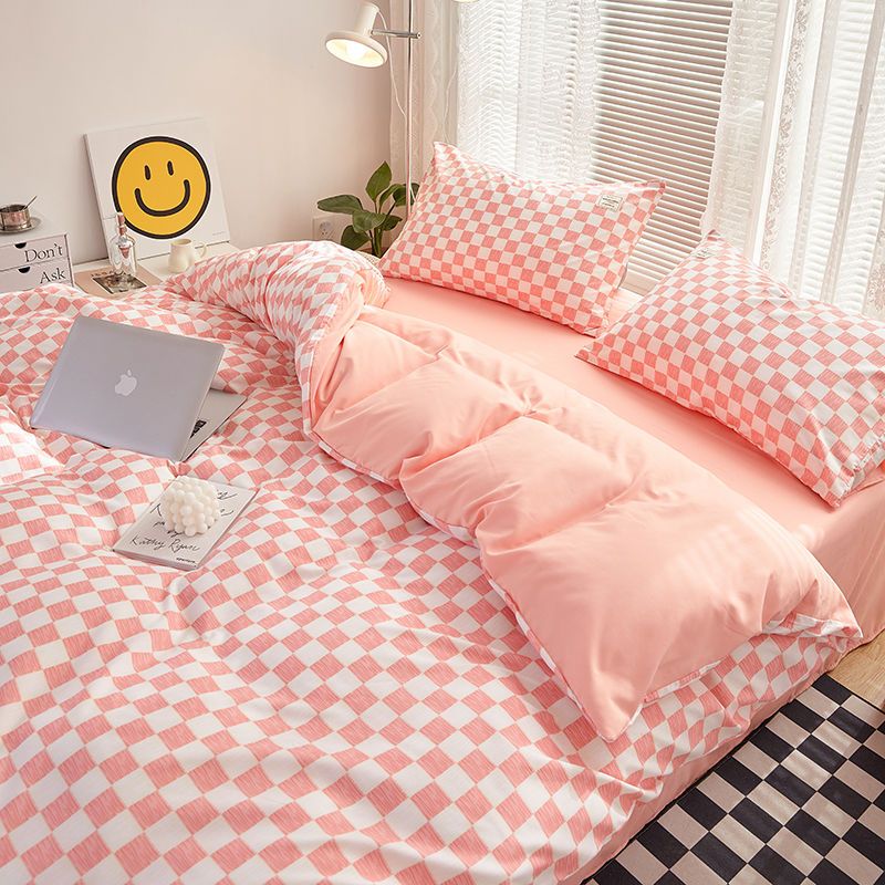 Nordic ins blue checkerboard four piece set simple washed Quilt Set bed sheet three piece set student dormitory fitted sheet