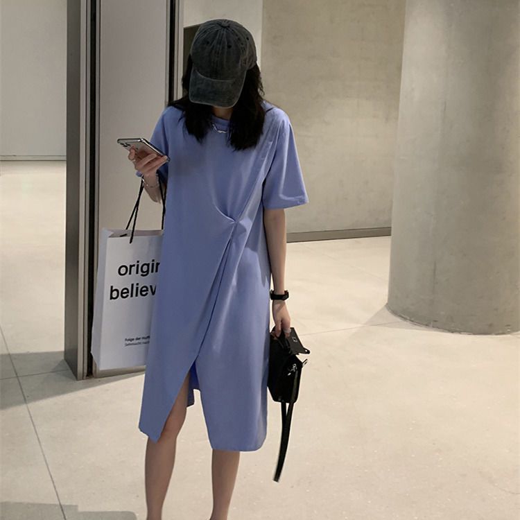 Fat MM extra large size 300 catties short-sleeved T-shirt skirt summer loose cover belly slimming slit row pleats solid color dress