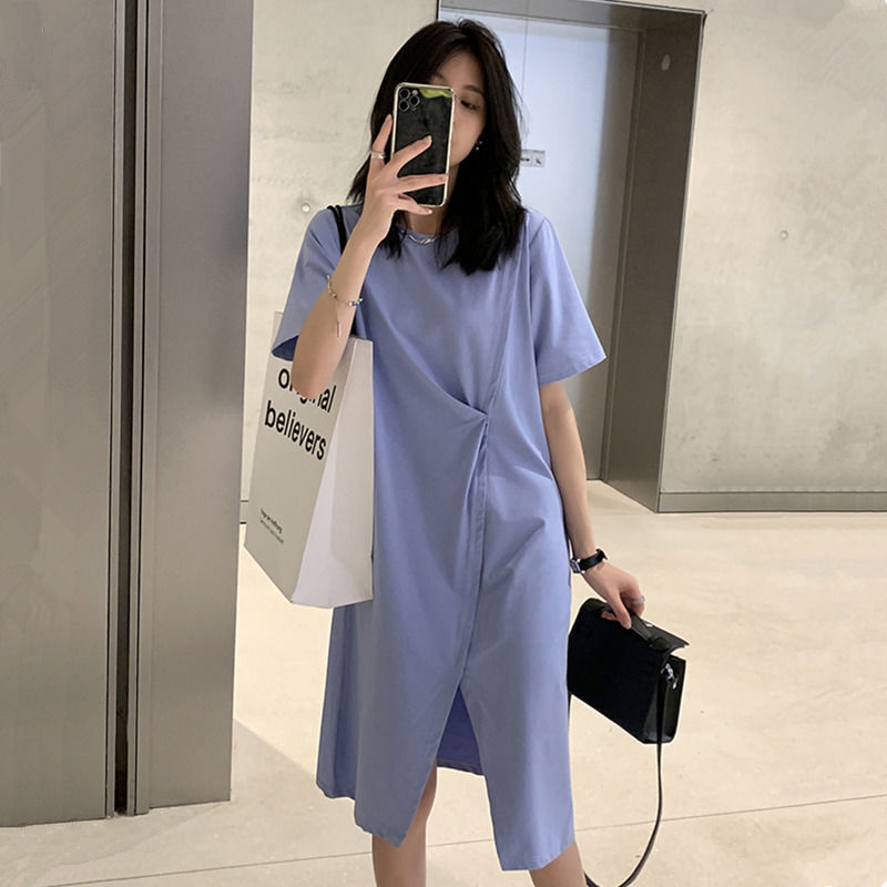 Fat MM extra large size 300 catties short-sleeved T-shirt skirt summer loose cover belly slimming slit row pleats solid color dress