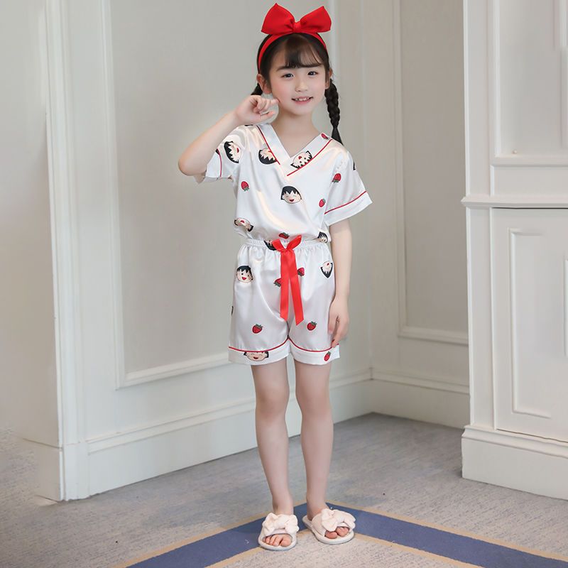 Children's ice silk spring, autumn and summer thin pajamas boys and girls middle and big children's short-sleeved shorts air-conditioning suit suit home service
