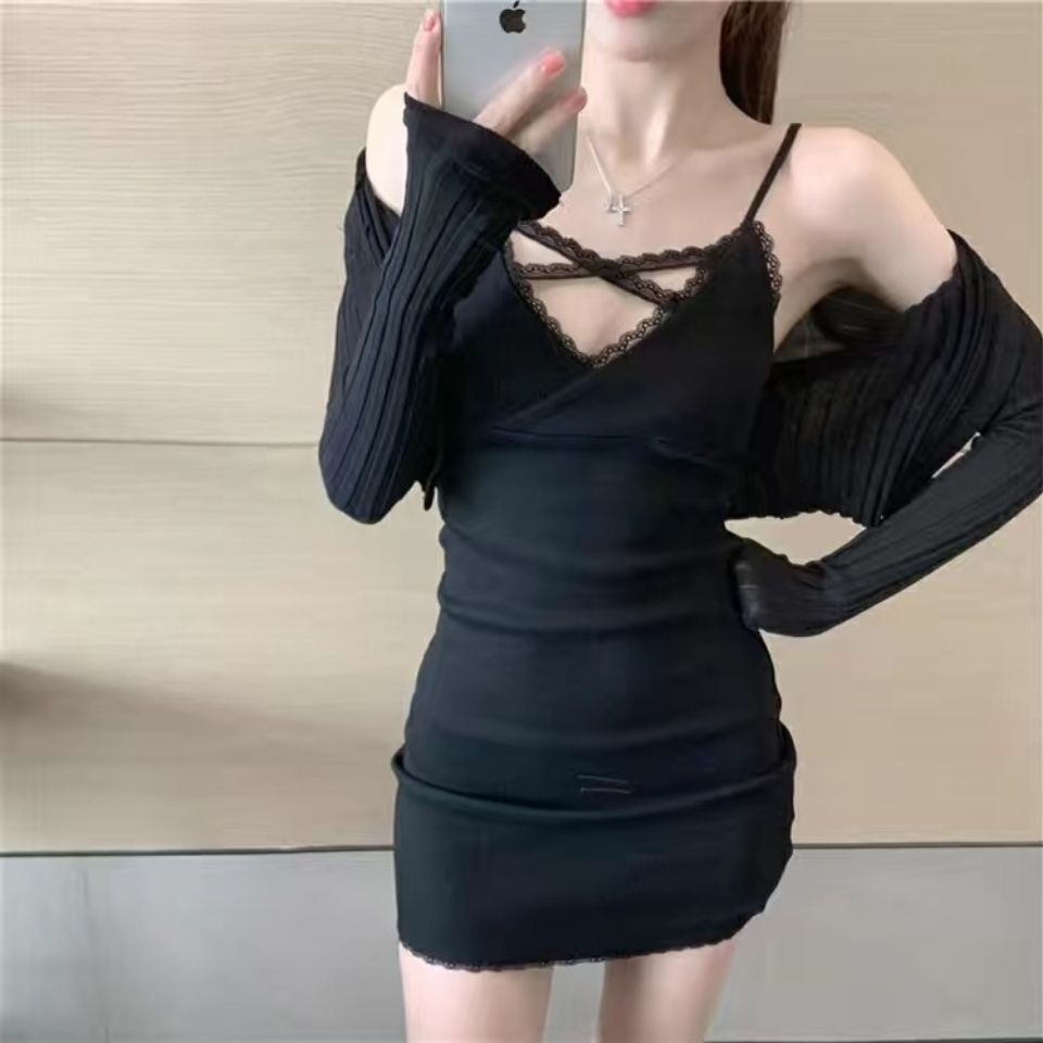 Pure desire wind lace edge suspender dress sexy self-cultivation thin vest skirt with bottoming bag hip skirt female