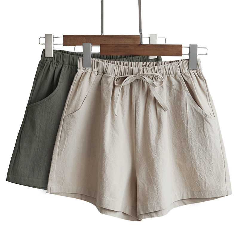 High waist cotton linen shorts women's summer wear linen loose thin elastic waist hot pants large size thin wide leg pants casual