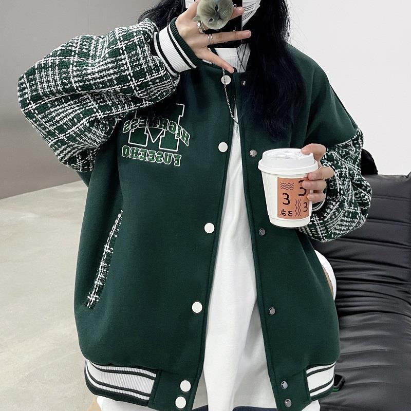 2023 Autumn New American Style Plaid Stitching Baseball Uniform Coat Female Students Loose Versatile Couple Jacket Tops