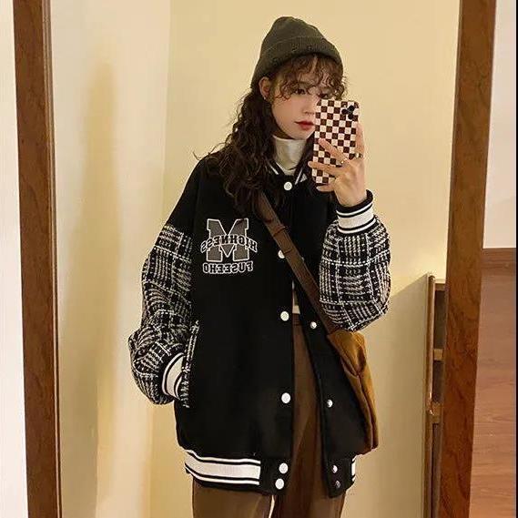  autumn new Korean style splicing plaid stand collar baseball jacket jacket female student all-match workwear top