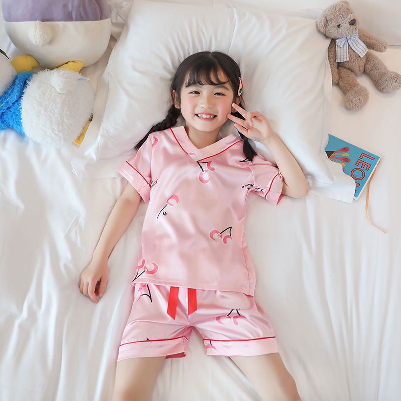 Children's ice silk spring, autumn and summer thin pajamas boys and girls middle and big children's short-sleeved shorts air-conditioning suit suit home service