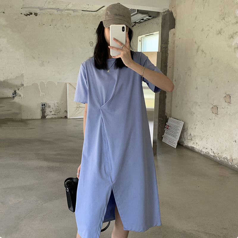 Fat MM extra large size 300 catties short-sleeved T-shirt skirt summer loose cover belly slimming slit row pleats solid color dress