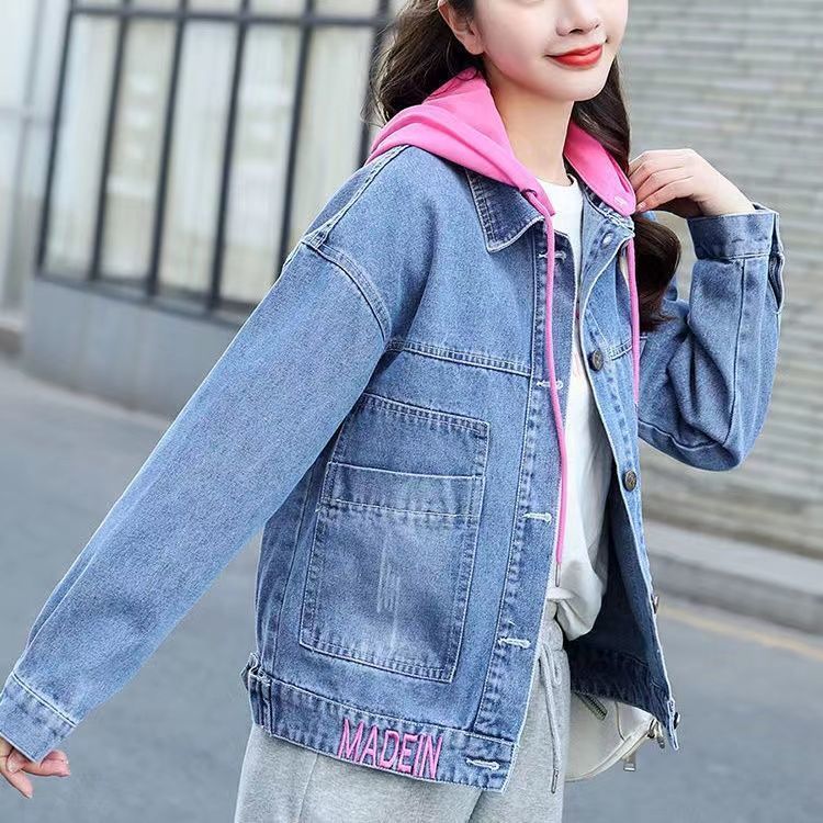 Denim jacket for women ins super hot new spring Korean version loose slim fashion hooded fake two-piece casual jacket