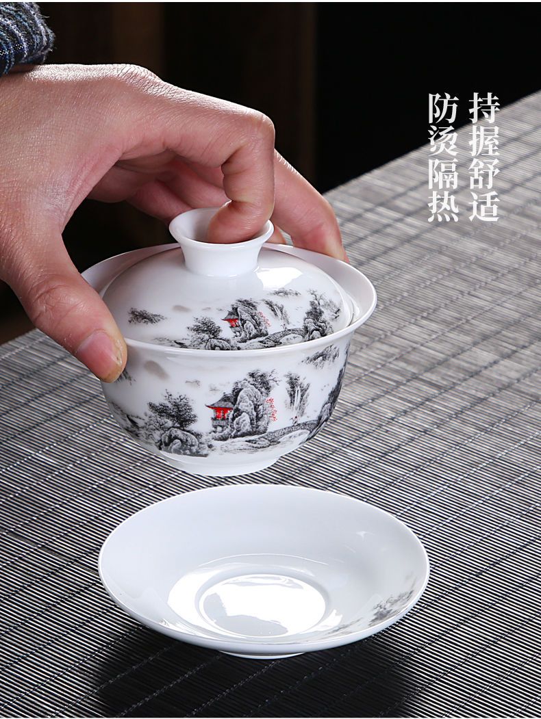 德化白瓷盖碗单个茶杯三才茶碗陶瓷茶具白瓷青花手抓壶泡茶杯大号
