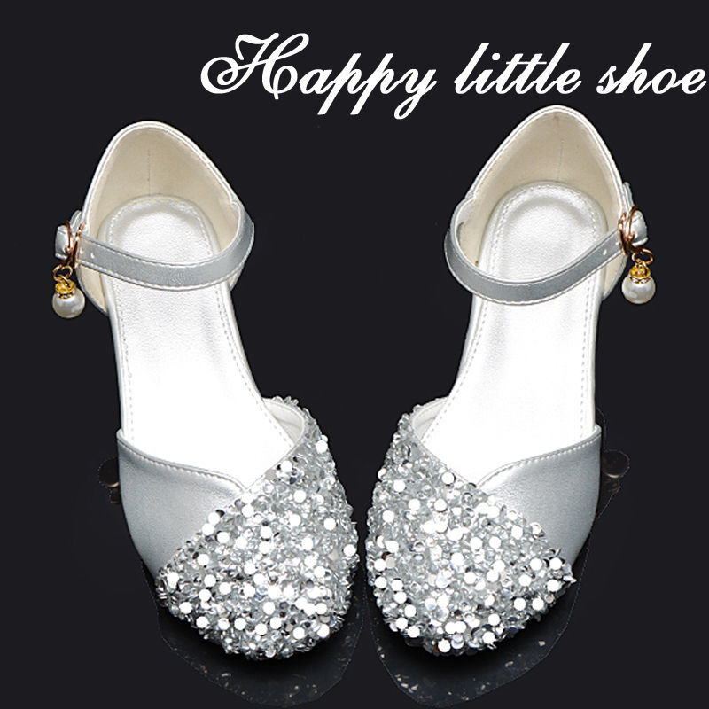 Girls princess shoes host piano performance leather shoes children's high heels children's silver stage dress crystal shoes
