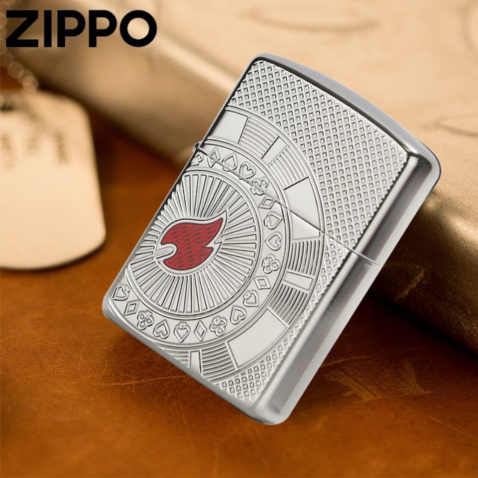 美版原装zippo打火机在册 银镜面镀铬盔甲扑克镶红火焰标49058