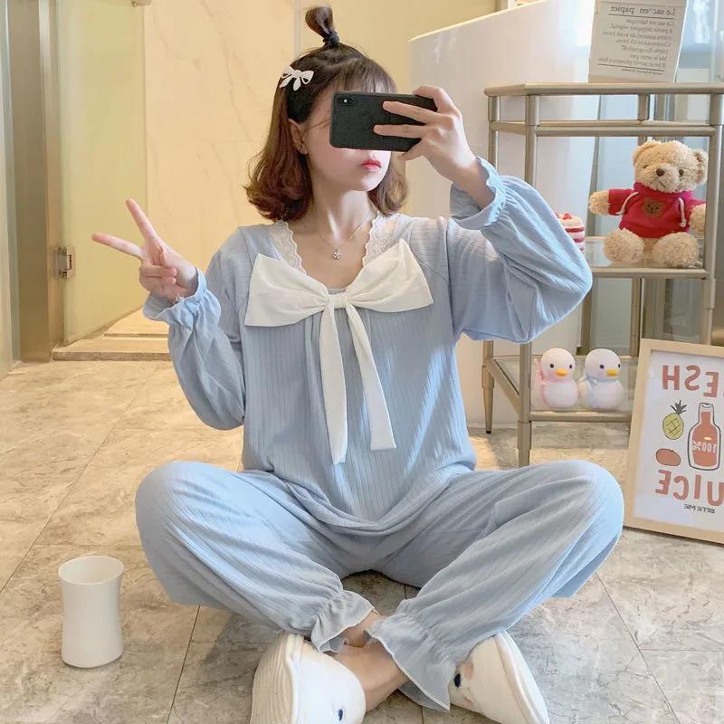 睡衣女春秋新款可愛簡約蝴蝶結少女公主風外穿家居服清新女士韓版