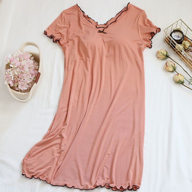 Nightdress ladies summer modal cotton with chest pad one-piece short-sleeved loose large size pajamas home clothes can be worn outside