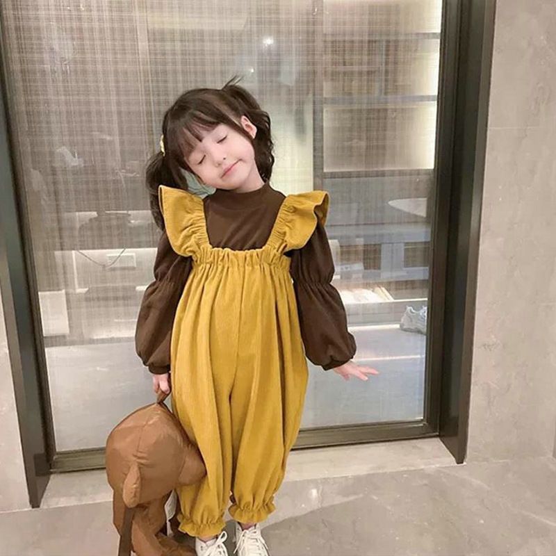 女童春季套裝秋季泡泡袖新款韓版洋氣兒童飛飛袖背帶褲兩件套夏季
