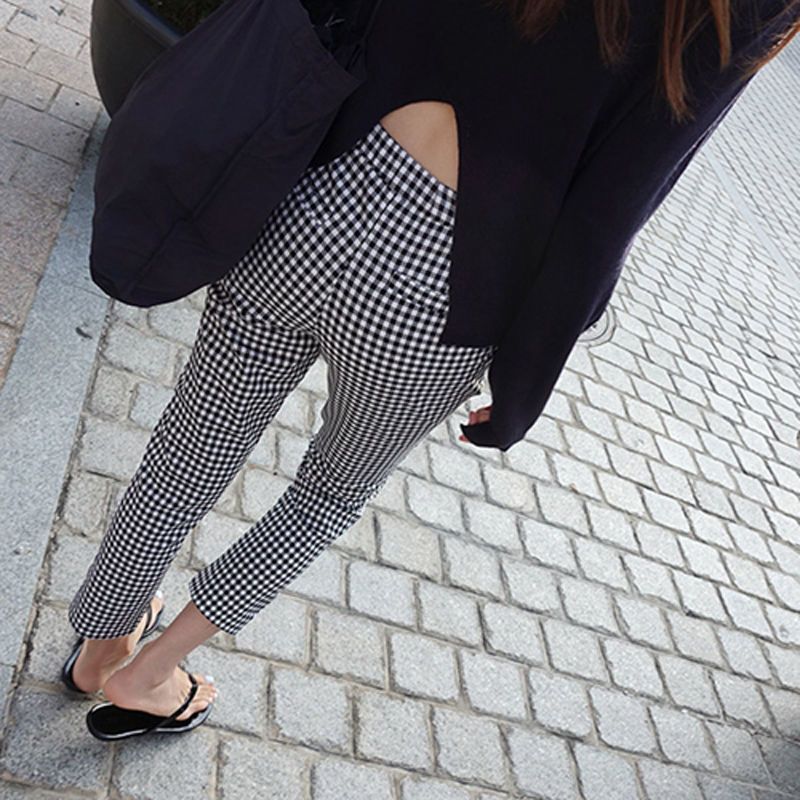 黑白格子高腰韓版休閒彈力顯瘦百搭九分直筒褲