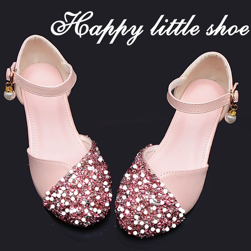 Girls princess shoes host piano performance leather shoes children's high heels children's silver stage dress crystal shoes