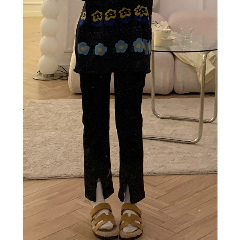 梨形身材微胖女生開叉牛仔褲女秋冬大碼胖mm高腰顯瘦直筒煙管褲子