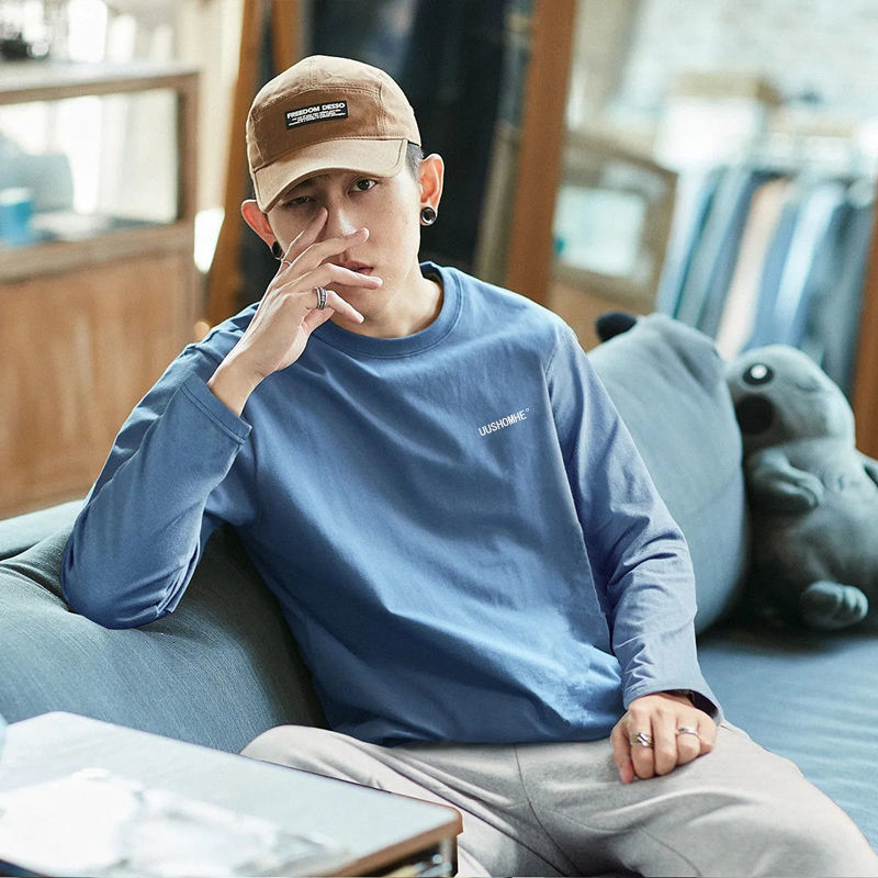 100%純棉長袖t恤男士春秋季新款百搭休閒上衣服男秋衣打底衫ins潮
