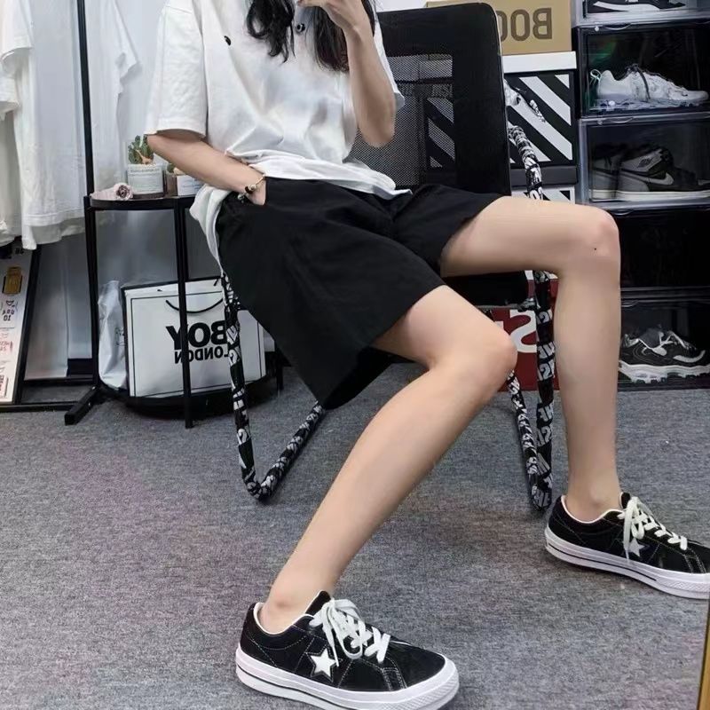 Black five-point casual sports shorts female students summer new Korean version of loose high waist slim Joker wide leg pants
