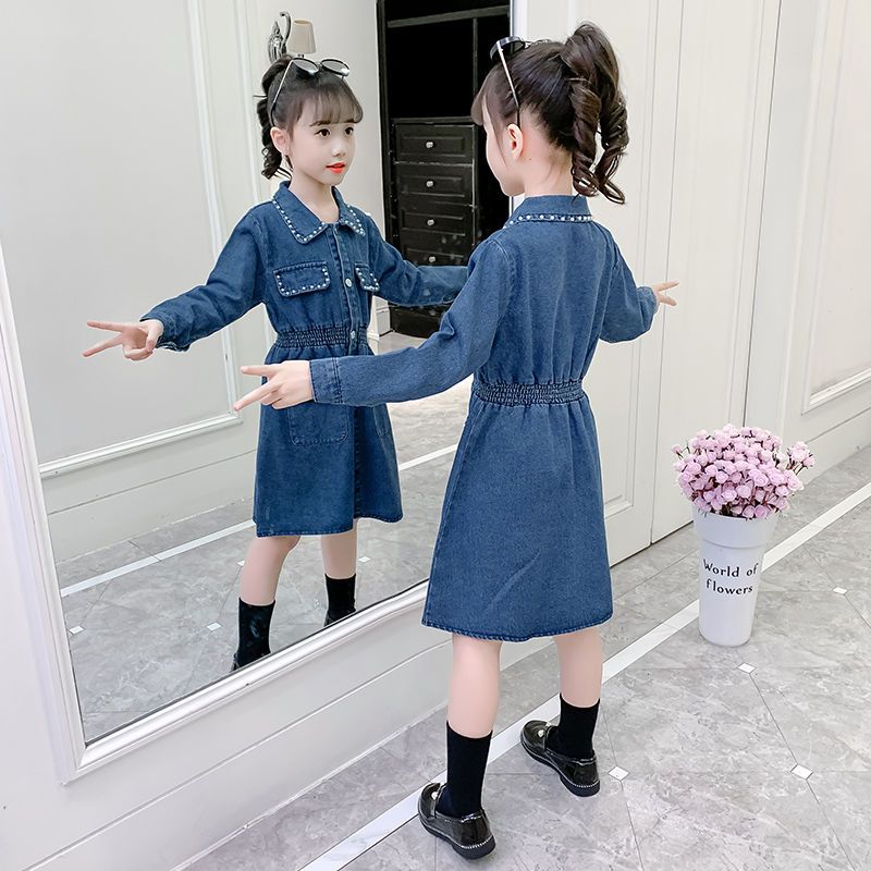 Girls dress spring new Korean version of children's long denim skirt girl fashion suspender skirt children's clothing trend