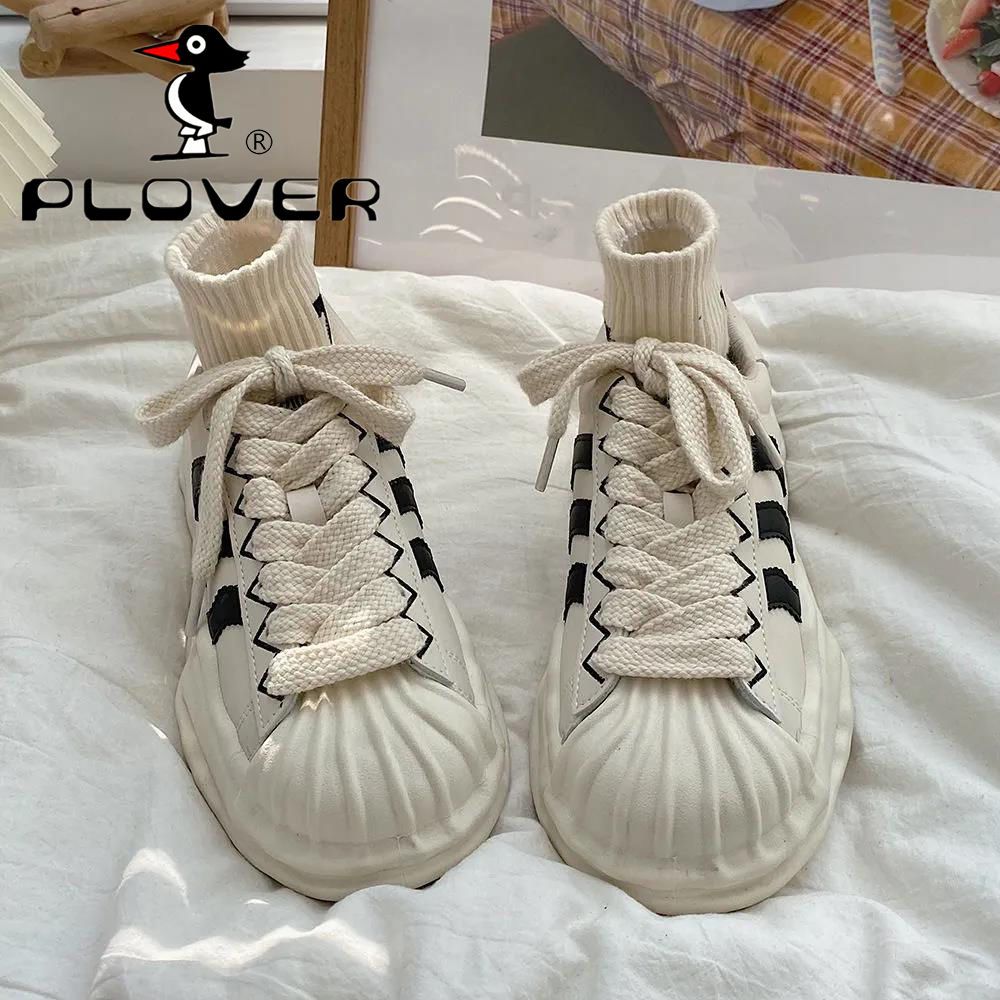 PLOVER啄木鳥溶解鞋女厚底圓頭平底運動休閒拼色百搭貝殼頭小白鞋