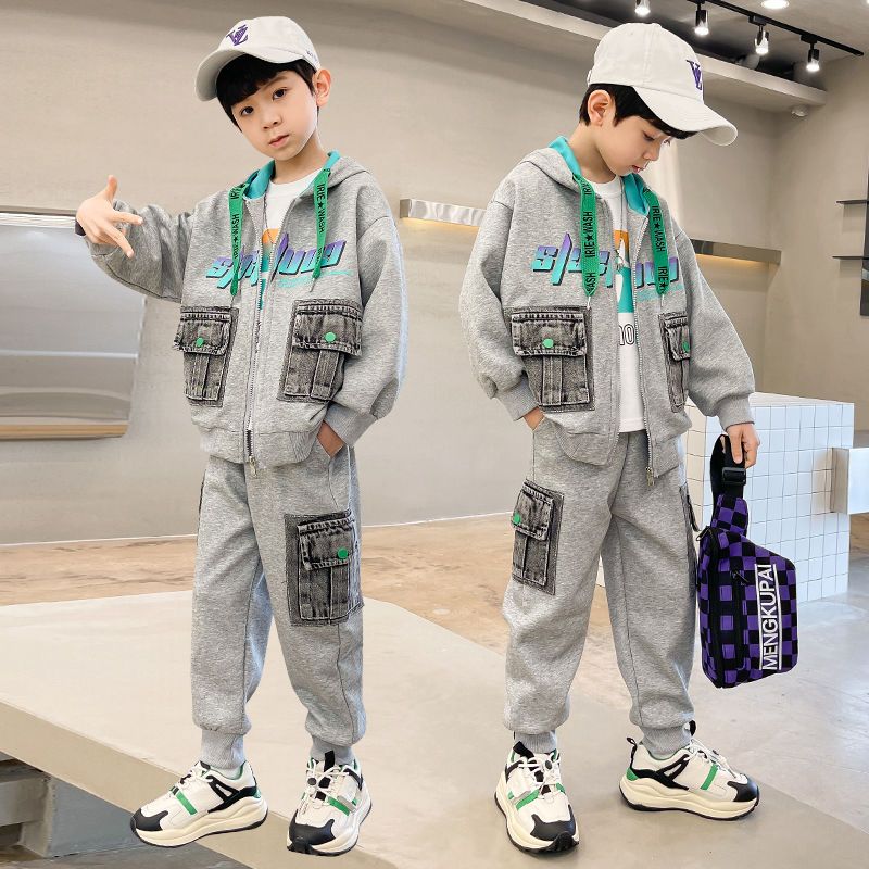 兒童春秋裝套裝男童春款2022新款中大童休閒洋氣拼接牛仔兩件套潮
