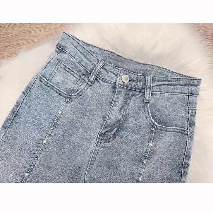 Slim fit slightly flared jeans women's spring  high street new design heavy industry beaded slit ins flared pants