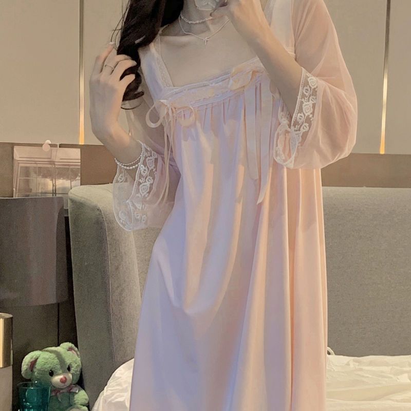 Palace style Hanfu square collar nightdress early autumn new sweet princess style lace mesh lace home service dress