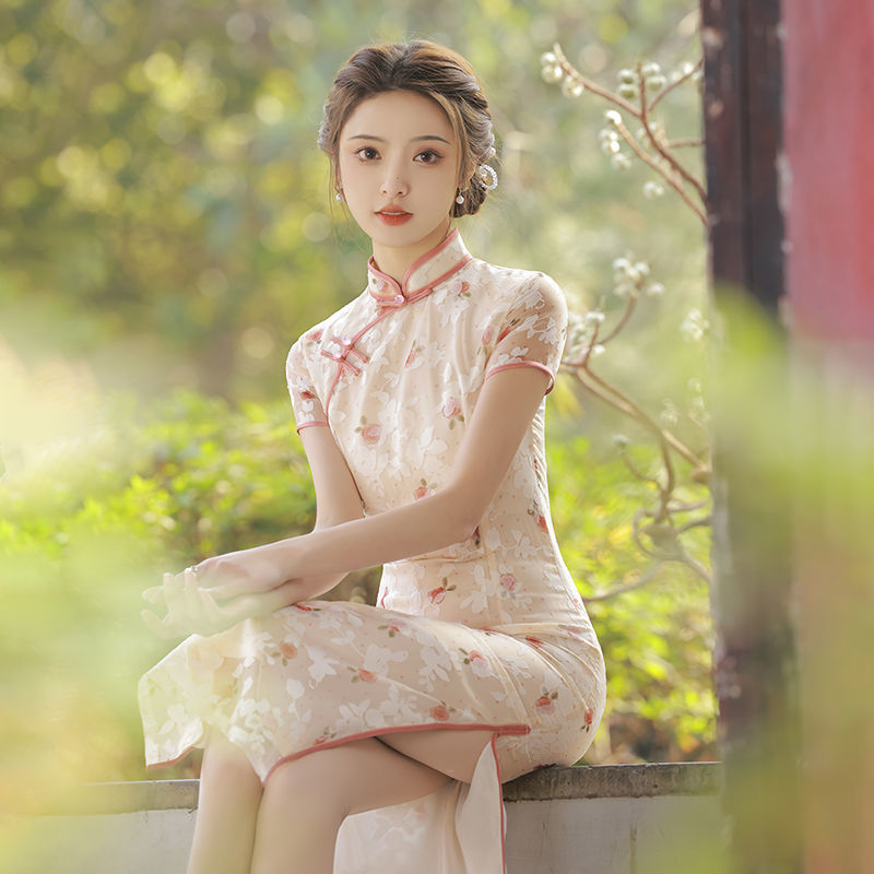 2023新款旗袍女夏天蝕骨年輕款氣質高端復古粉碎花雪紡中國風女裝