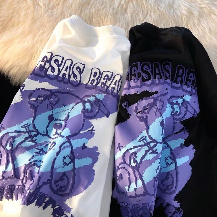 100%純棉潮牌塗鴉小熊發泡字母情侶寬鬆短袖t恤男女ins潮流歐美風
