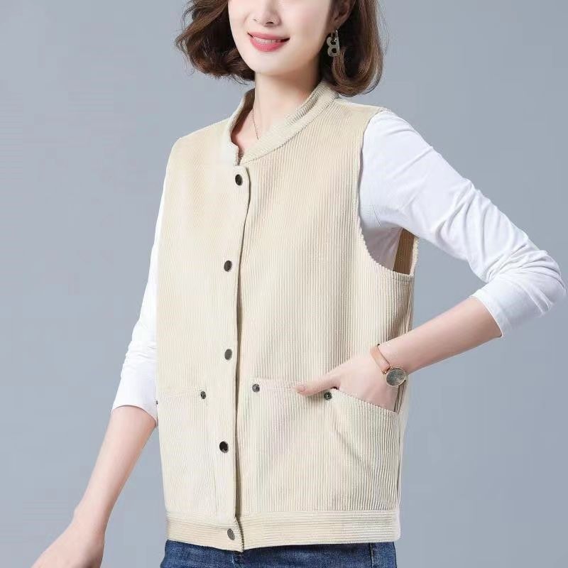 Corduroy Vest Women's Short Style  New Spring and Autumn Loose Casual Mother Wearing Horse Clip Round Collar Vest Cotton