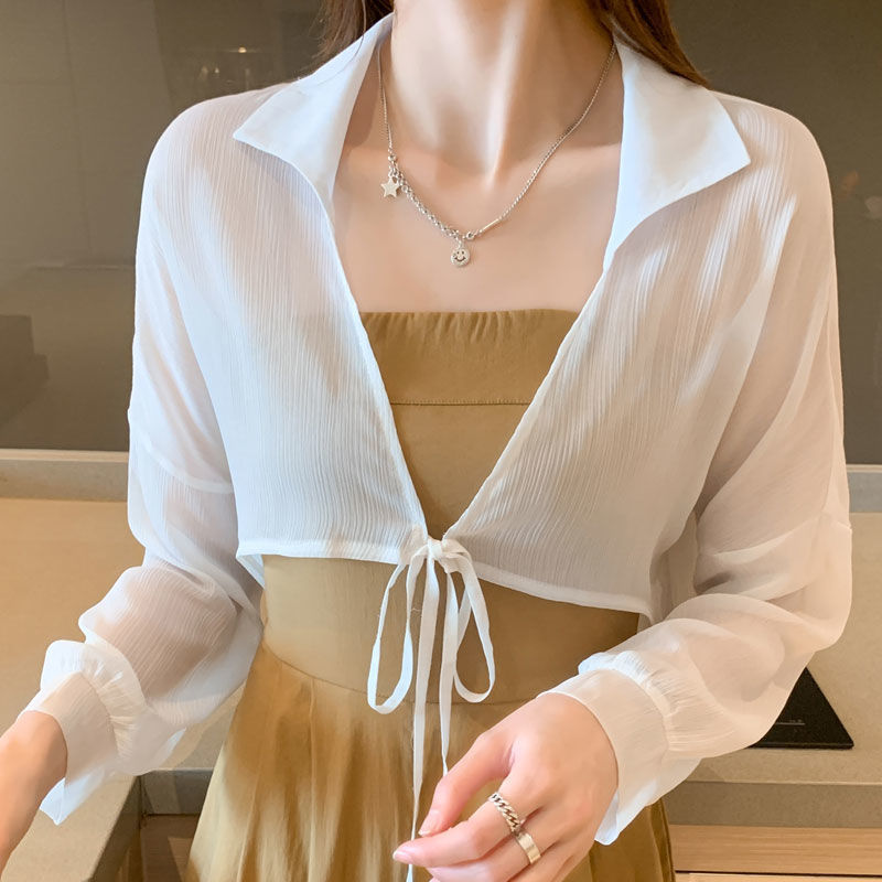 【送吊帶】防曬衣女夏季雪紡衫新款系帶翻領薄外套修身顯瘦上衣女