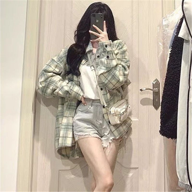 春秋格子襯衫女學生內搭外穿小眾設計上衣寬鬆慵懶港風垂墜感外套