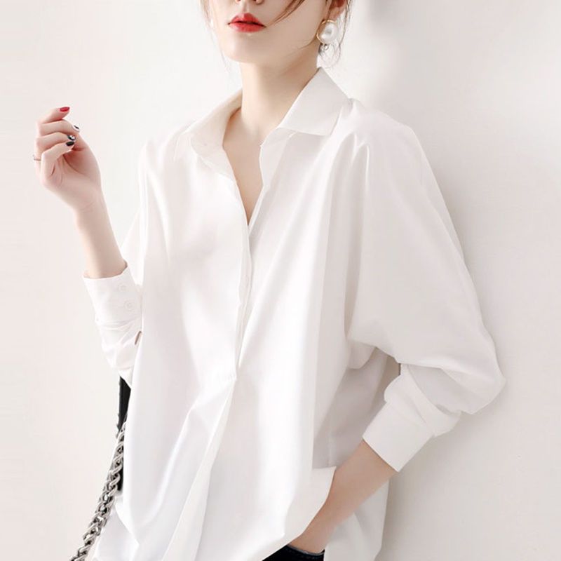 白色襯衫女春秋韓版新款寬鬆休閒襯衣女裝潮春季百搭純色長袖上衣