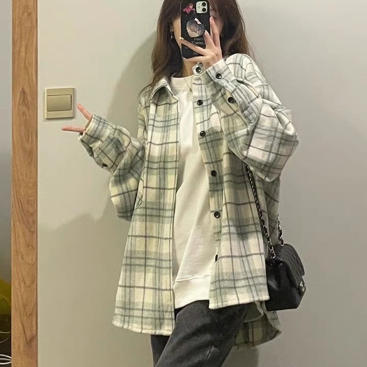 春秋韓系潮牌綠色格子襯衫女獨特小眾設計上衣百搭寬鬆慵懶風外套