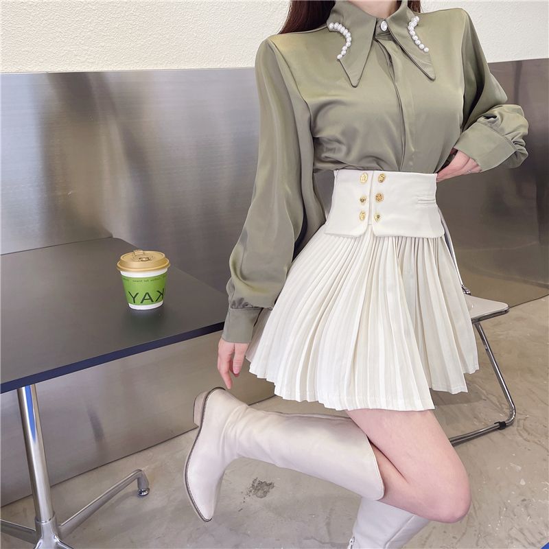  spring pleated a-line skirt design niche high-waisted solid color pleated skirt short skirt temperament skirt for women