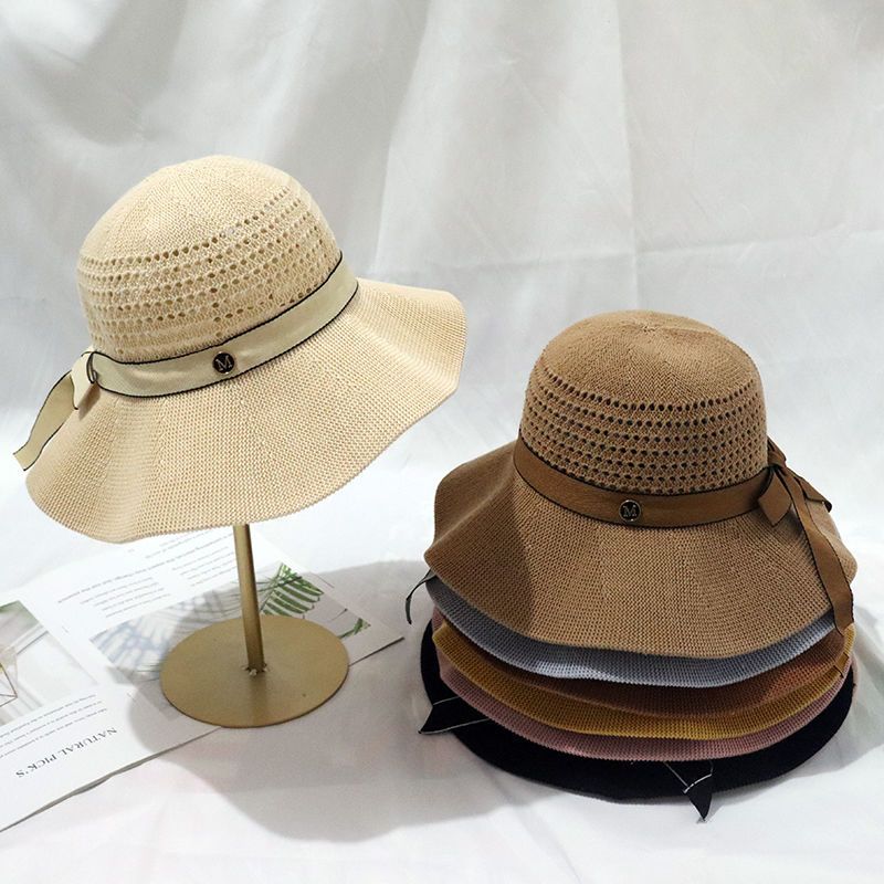 卡其色渔夫帽女夏季小M蝴蝶结透气薄款遮阳帽女防晒户外大檐 盆帽