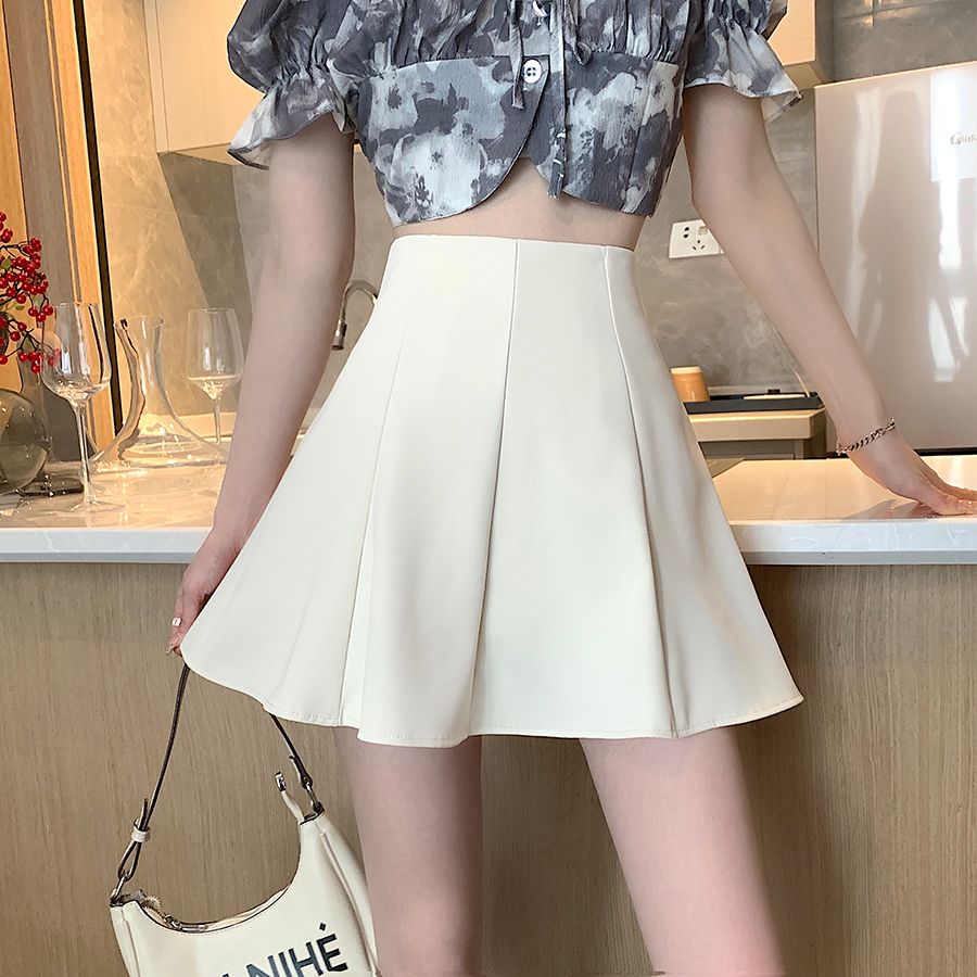 A-line skirt  spring new college style pleated skirt high-waisted short skirt black slimming crotch-covering skirt for women