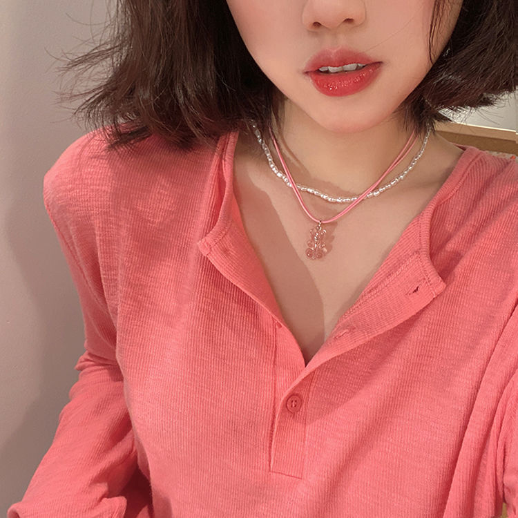 Early Spring Pink Pearl Cute Double Bear Necklace Niche Design Sense Advanced Stacked Clavicle Chain Necklace Accessories