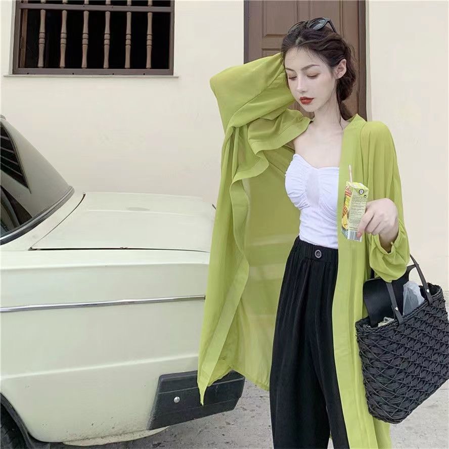2022春夏韓版簡約休閒薄款超仙雪紡開衫寬鬆蝙蝠衫防曬衣女中