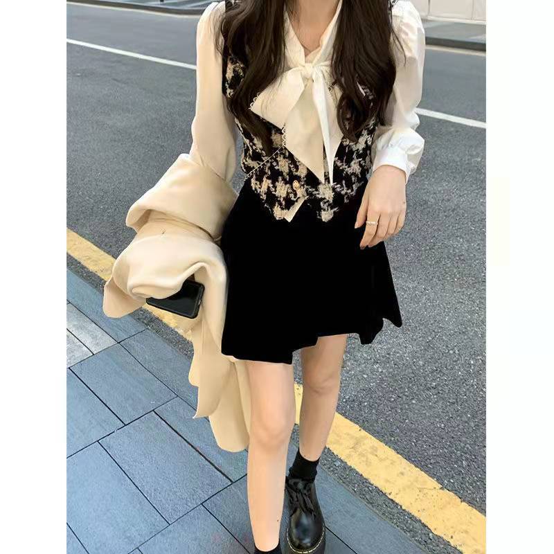 Retro small fragrance layered vest suit women's early autumn bow tie tie shirt high waist pleated skirt three-piece suit