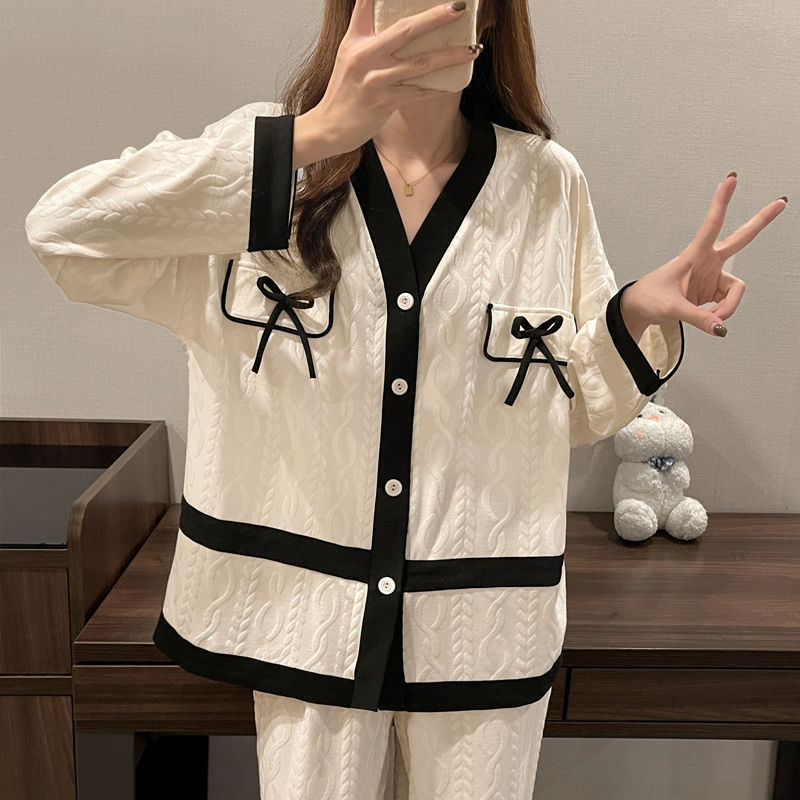 新款春秋睡衣女ins蝴蝶結小香風網紅提花高檔甜美學生家居服套裝