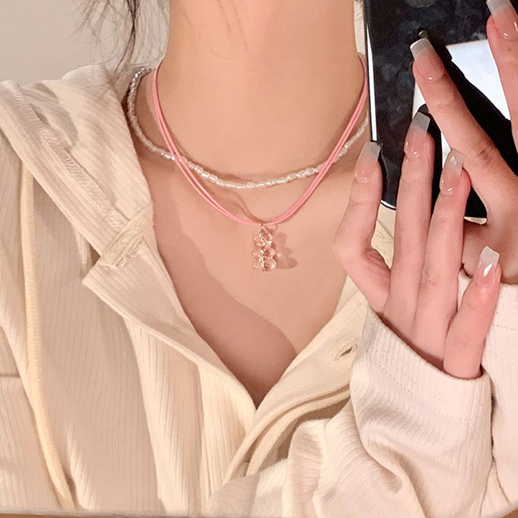 Early Spring Pink Pearl Cute Double Bear Necklace Niche Design Sense Advanced Stacked Clavicle Chain Necklace Accessories