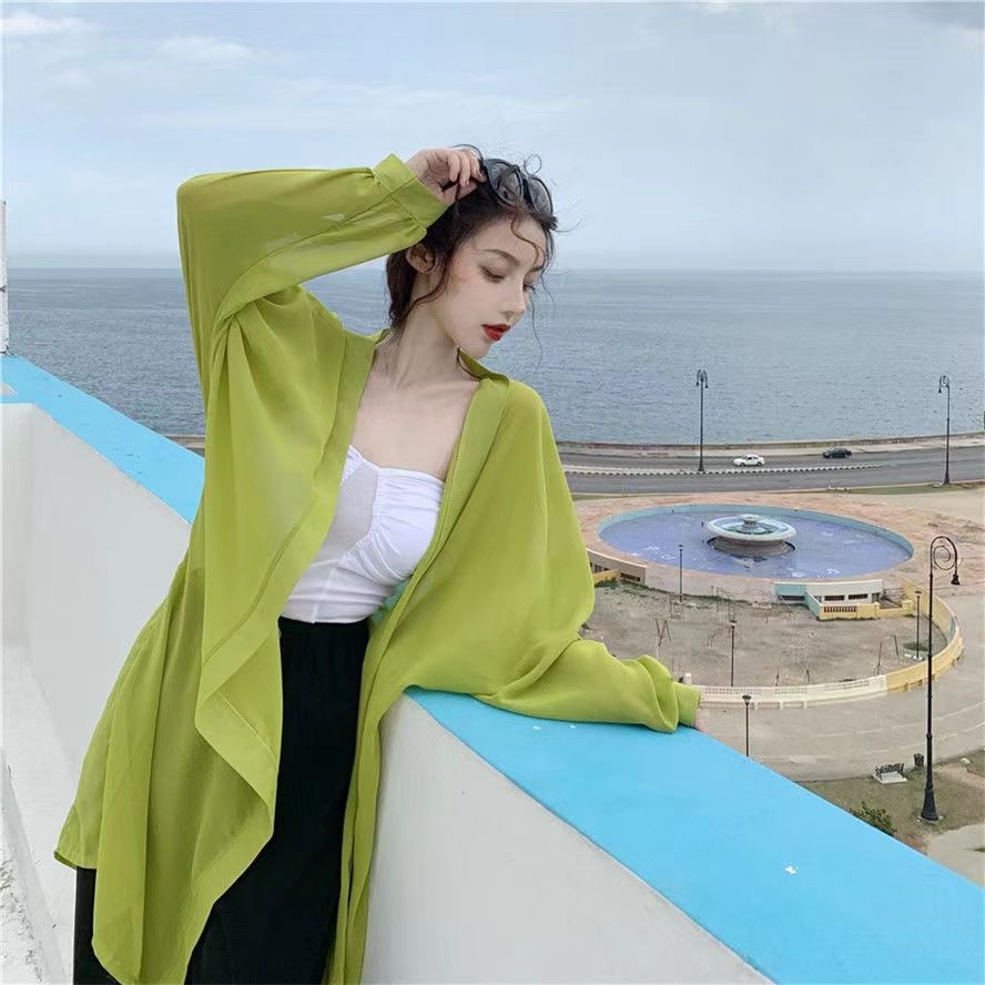 超仙韓版防曬衣女中長款雪紡開衫外搭披肩超薄外套時尚寬鬆防曬衫