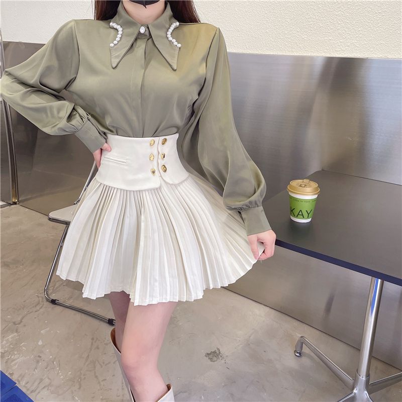  spring pleated a-line skirt design niche high-waisted solid color pleated skirt short skirt temperament skirt for women