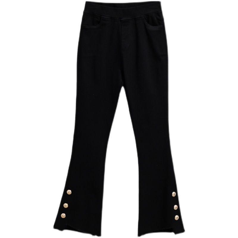 High-waist slimming nine-point pants  spring and autumn elastic tight-fitting micro-flared pants large size fat mm black all-match pants