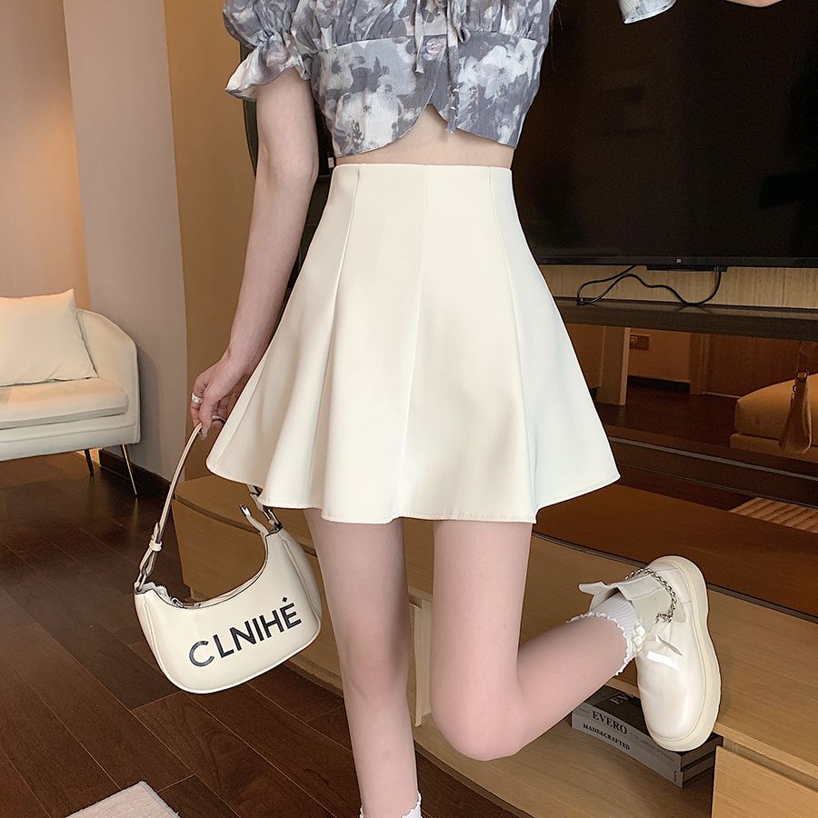 A-line skirt  spring new college style pleated skirt high-waisted short skirt black slimming crotch-covering skirt for women