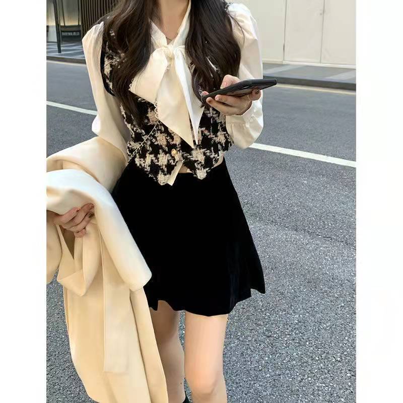 Retro small fragrance layered vest suit women's early autumn bow tie tie shirt high waist pleated skirt three-piece suit
