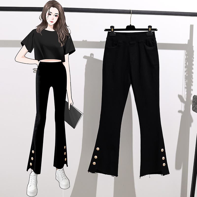High-waist slimming nine-point pants  spring and autumn elastic tight-fitting micro-flared pants large size fat mm black all-match pants
