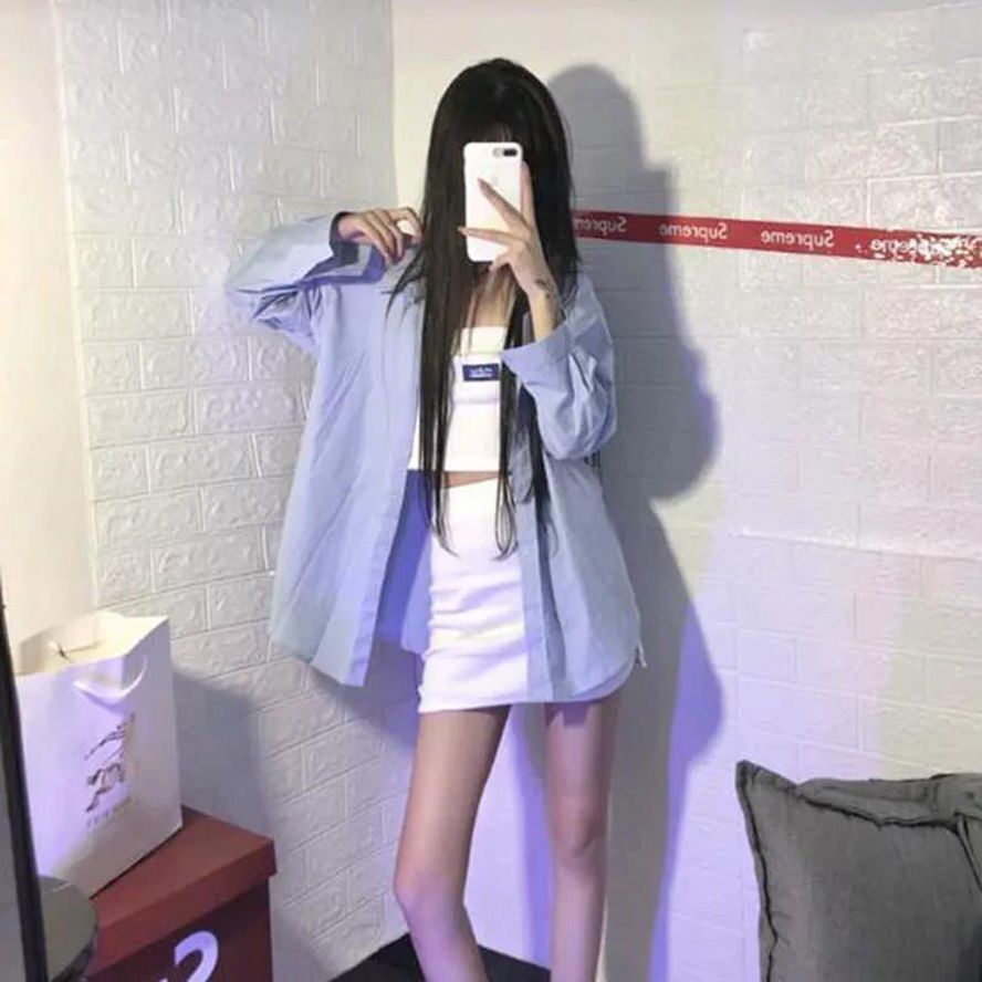 精神小妹套装社会女衣服裹胸上衣 高腰半身裙 防晒衬衫时尚三件套